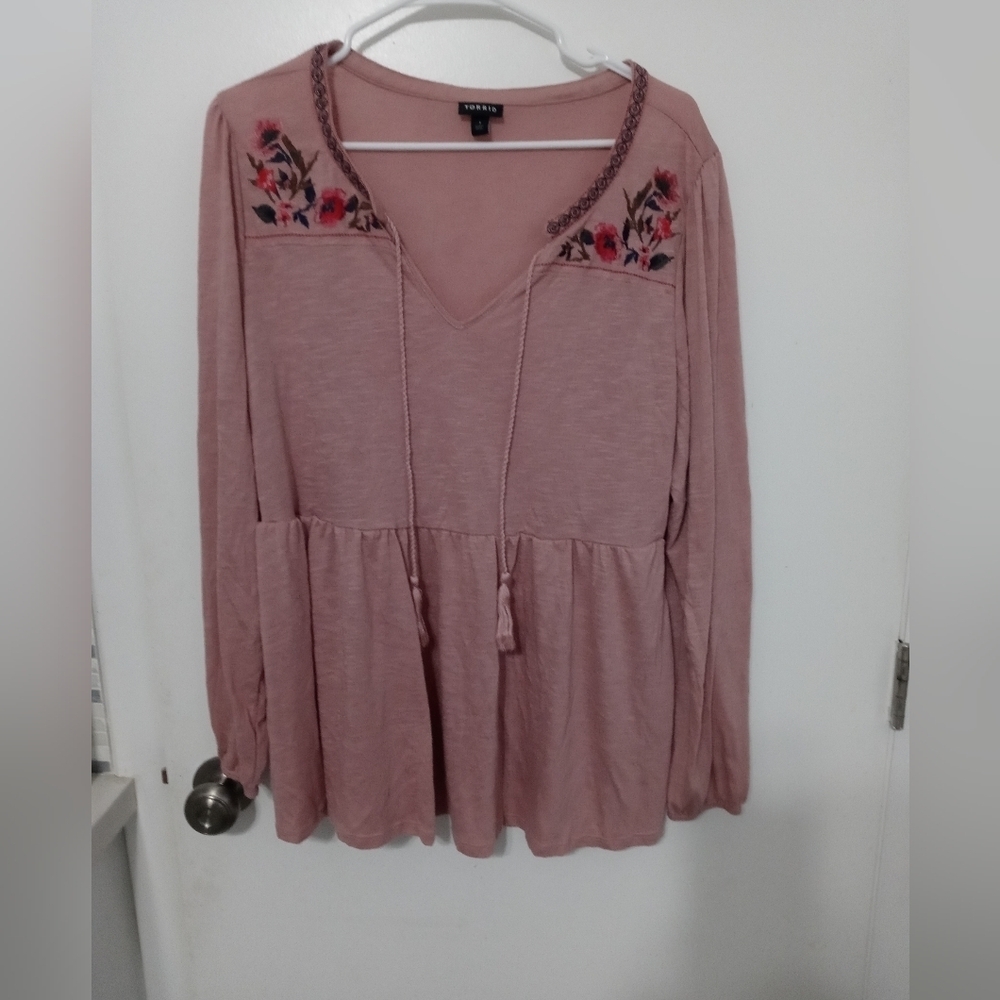 Torrid 1 long sleeve Rose Pink Embroidered Floral Semi Sheer Blouse